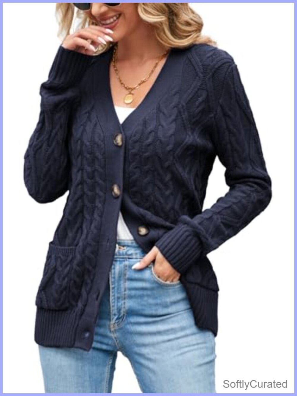 Chunky Cable Knit Button Up Cardigan Long Sleeve V-Neck Sweater